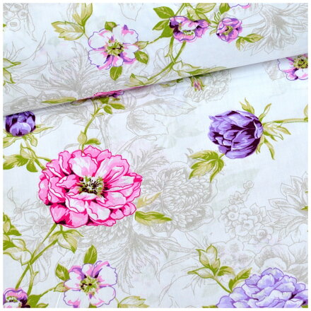 Lilac flowers and butterfly na krémovom - cotton fabric