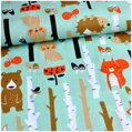 Medveď, líška, zajko mint -  cotton fabric