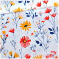 Žlto červené kvety a modré listy na bielom - šírka 220cm - bavlnené plátno