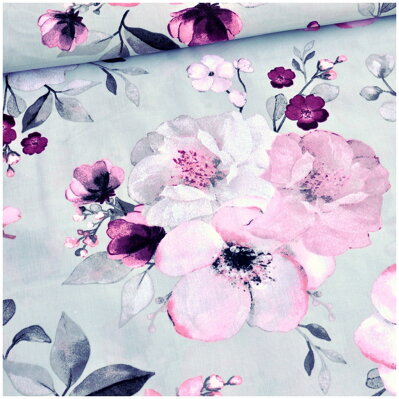 Čerešňové kvety na bledošedom -  cotton fabric 