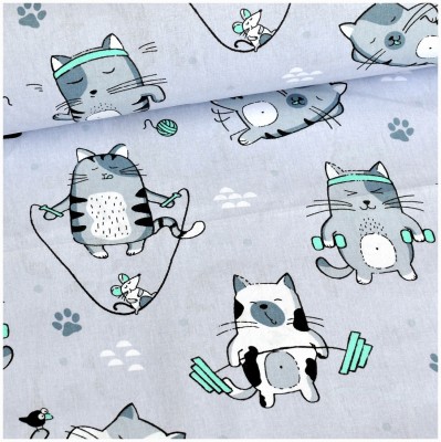 Mačky fit na šedom - bavlnené plátno