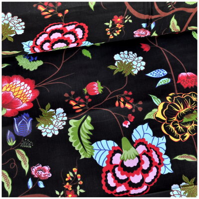 Folkové kvety na čiernom - cotton fabric 