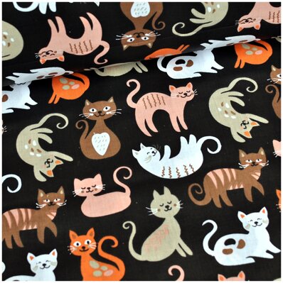 Mačičky staroružovo-hnedé na čiernom - bavlnené plátno
