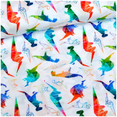 Malé dino origami na bielom jersey