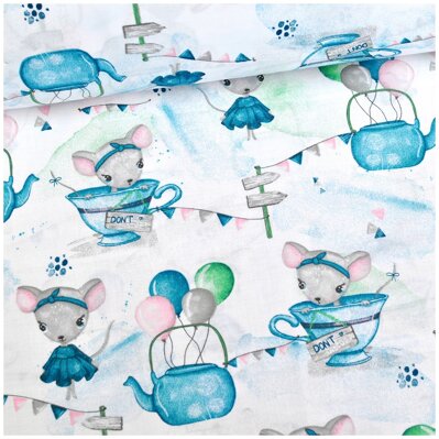 Myška a balóny ružovo-modro-zelené na bielom - bavlnené plátno