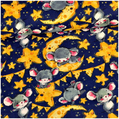 Myška na mesiaci na tmavomodrom - bavlnené plátno