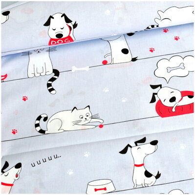 Psy a mačky na bledošedom - bavlnené plátno 
