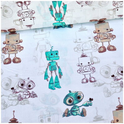 Roboty tyrkysovo-béžové na bielom - bavlnené plátno