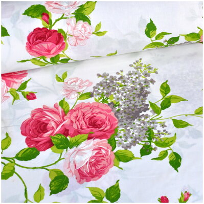 Ružové ruže s orgovánom na krémovom -  cotton fabric 