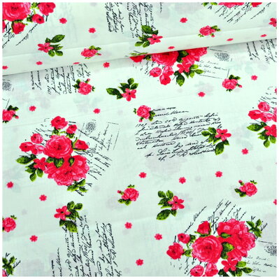 Telegram a ružové kytice na krémovom - cotton fabric