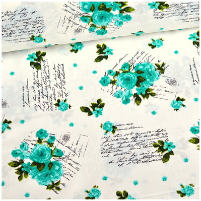 Telegram a tyrkysové kytice na krémovom - bavlnené plátno