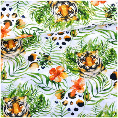 Tiger a zelené listy na bielom -  cotton fabric 