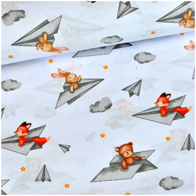 Zvieratká v papierových lietadlách na bielom - bavlnené plátno