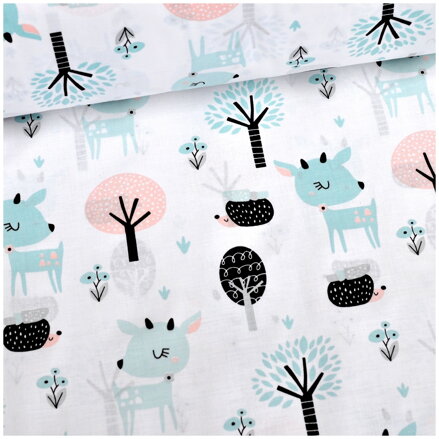 Baby srnky mint a ružové stromy - cotton fabric 