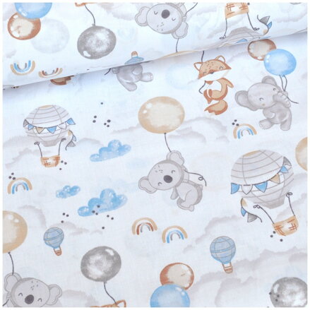 Balónový let zvierat na bielom - cotton fabric