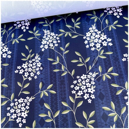 Polyester fabric Oxford 600D - biele kvietky a listy na tmavomodrom