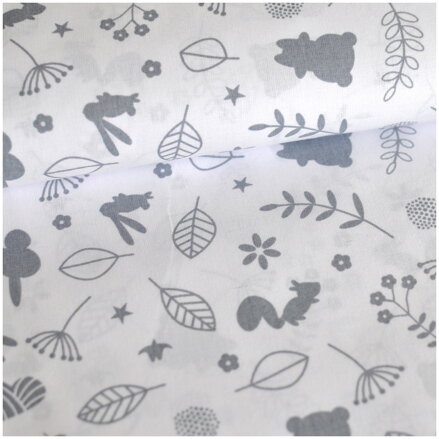 Lesné zvieratká šedé na bielom -  cotton fabric 