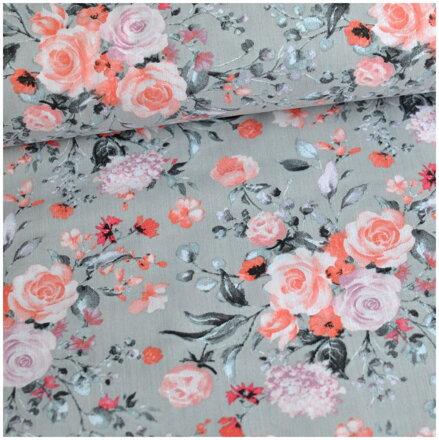Kytice ruží na šedom -  cotton fabric 