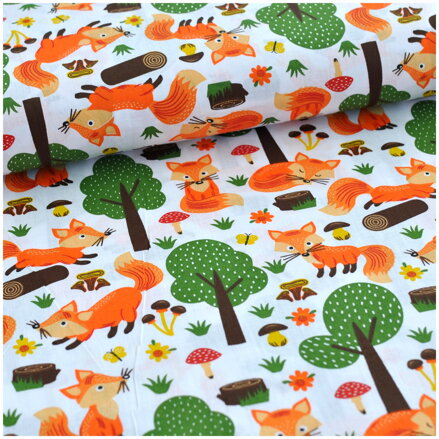 Líšky v lese na bielom -  cotton fabric 