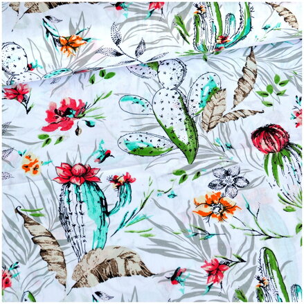 Kaktusy a motýle na bielom -  cotton fabric 