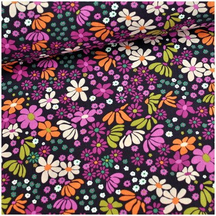 Kvetinky na tmavofialovom - fine cotton, poplin