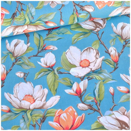 Kvety magnólie na smaragdovej - šírka 220cm - bavlnené plátno