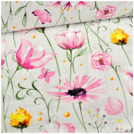 Kvety ružové na púdrovom - šírka 220cm - cotton fabric