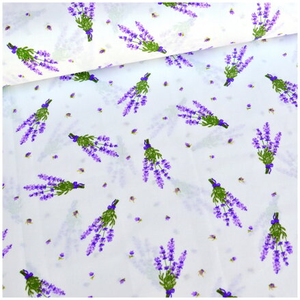 Levanduľové kytičky na bielom - šírka 220cm - bavlnené plátno