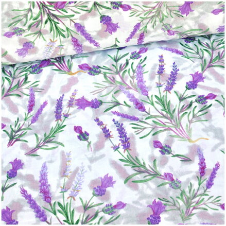 Levanduľové kytice na bielom - šírka 220cm - šírka 220cm - cotton fabric