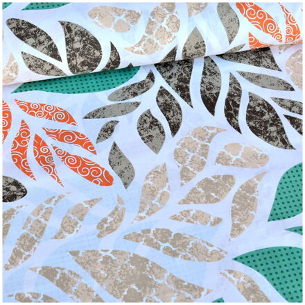 Listy grafické béžovo-zelené na smotanovom - šírka 220cm - bavlnené plátno