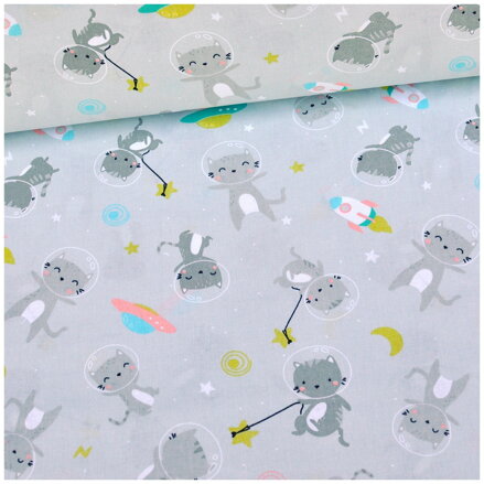 Mačka astronaut na šedom - cotton fabric 