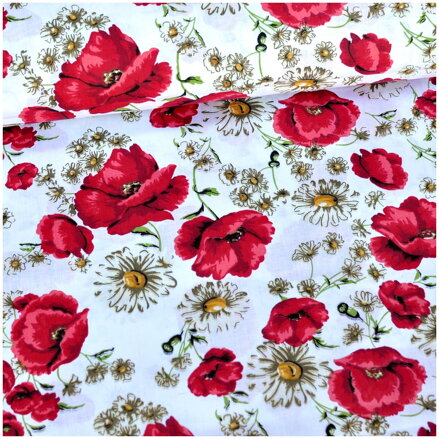 Maky a rumanček na bielom - bavlnené plátno