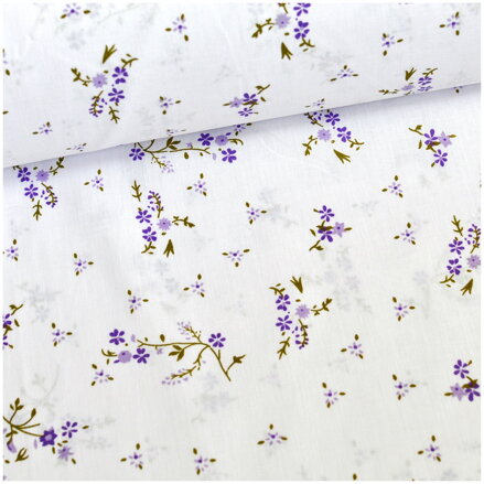 Malé fialové kvetinky na bielom - bavlnené plátno 