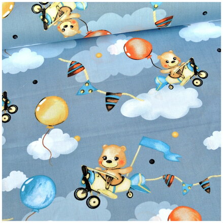 Medveď v lietadle s balónom - cotton fabric 