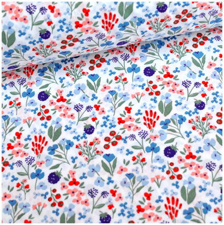 Mini kvietky a černice na bielom - fine cotton, poplin