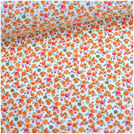 Mini oranžové kvietky na ecru - fine cotton, poplin