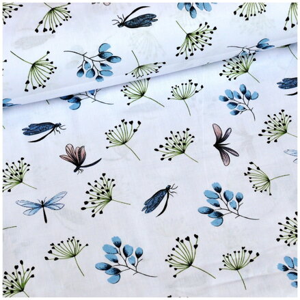 Motýle a vážky na bielom - cotton fabric