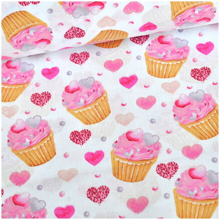 Muffiny Love na bielom - bavlnené plátno