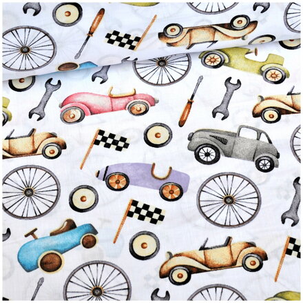 Retro autá, kľúče, kolesá na bielom - cotton fabric