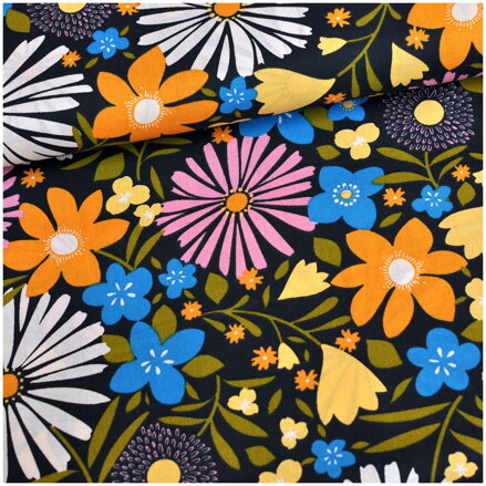 Ružovo-modré kvety na čiernom - jemná bavlna, popelín