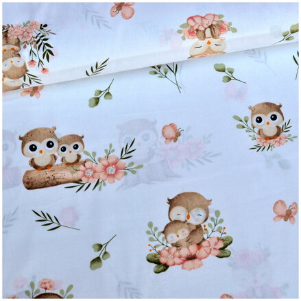 Sovy a kvetinky na bielom - bavlnené plátno