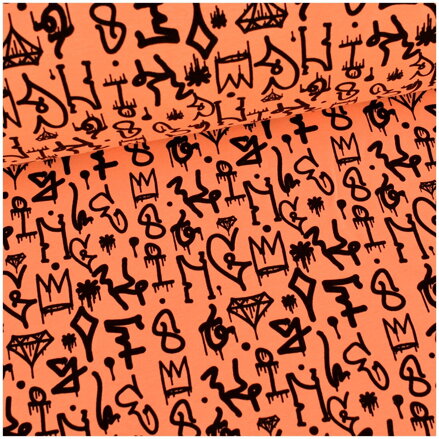 Graffiti čierne na fluo oranžovej teplákovine 50cm