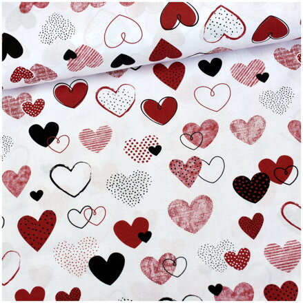 Srdiečka mix červené na bielom - bavlnené plátno 45cm