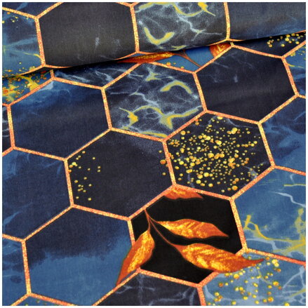 Veľké medové plásty na tmavomodrom - šírka 220cm - bavlnené plátno