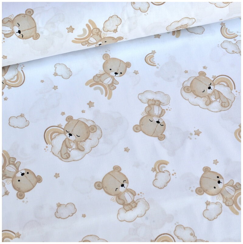 Béžové medvedíky a dúha na bielom - bavlnené plátno