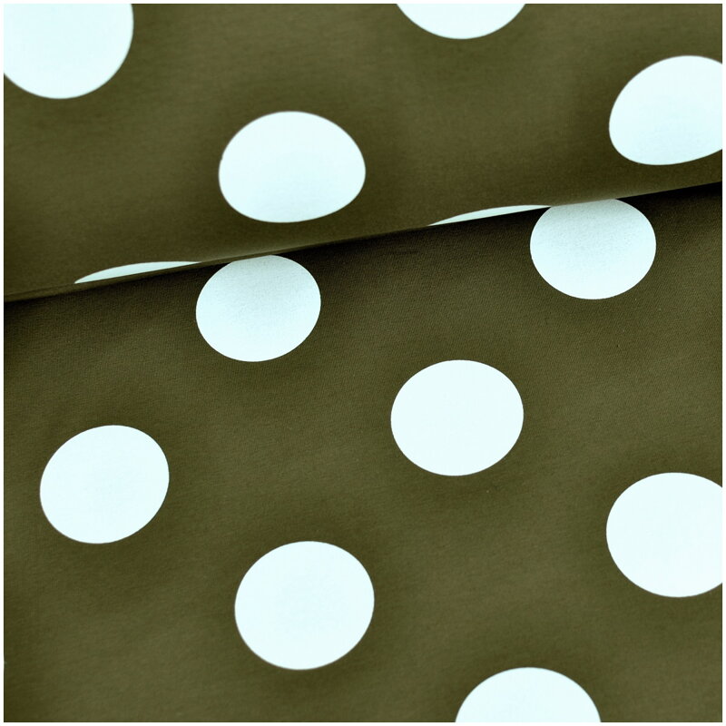 Biele bodky na khaki teplákovine 100cm Biele bodky na khaki teplákovine 100cm