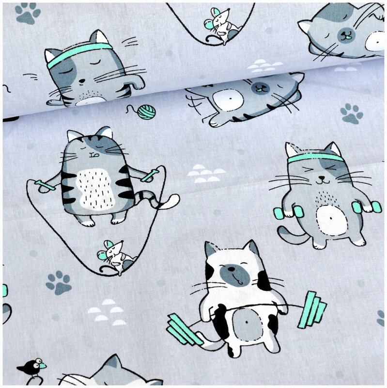 Mačky fit na šedom - bavlnené plátno