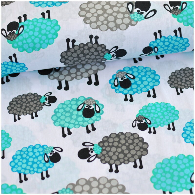 Ovečky tyrkysovo-šedé -  cotton fabric 