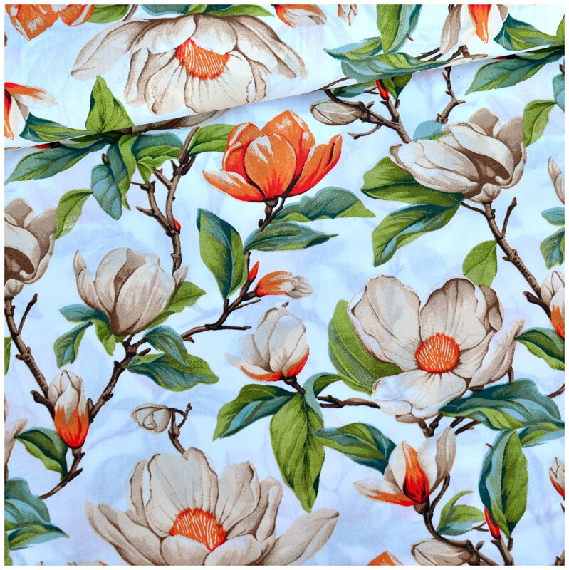 Kvety magnólie na bielej - bavlnené plátno