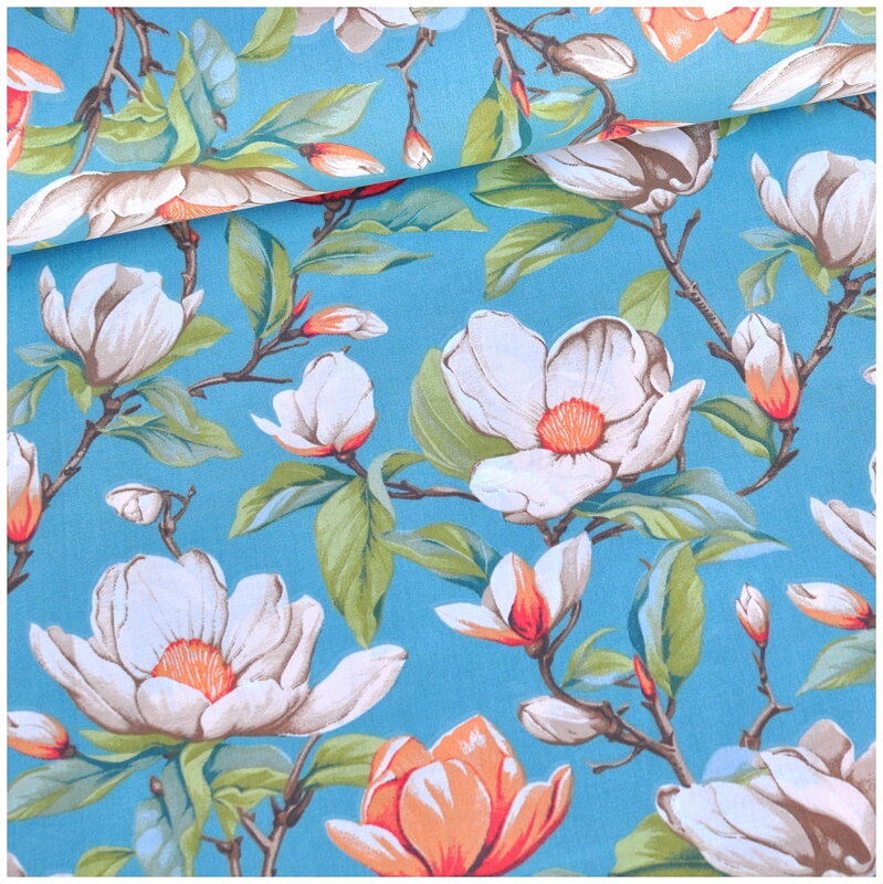 Kvety magnólie na smaragdovej - šírka 220cm - bavlnené plátno